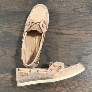 Sperry Beige-pink Boat Shoes with gold Sparkle Accents